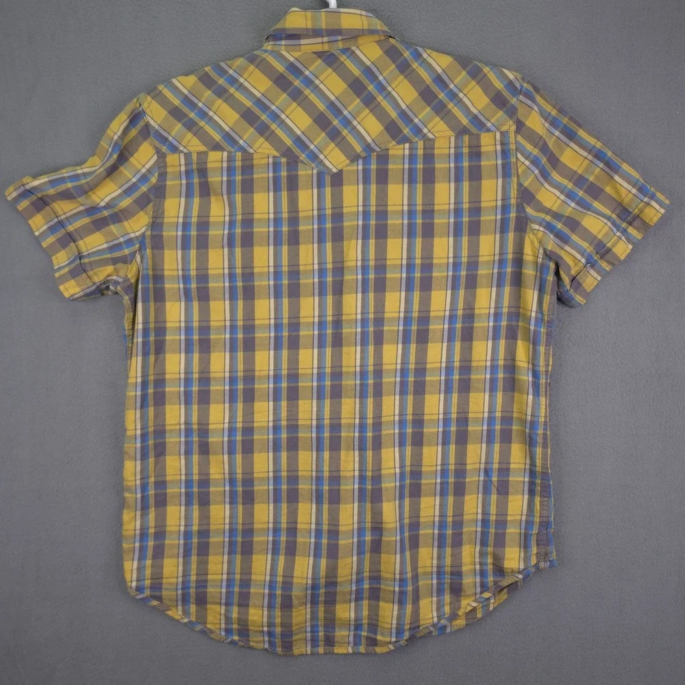 True Religion Shirt Mens XL Western Pearl Snap Plaid Yellow Blue Short Sleeve XL